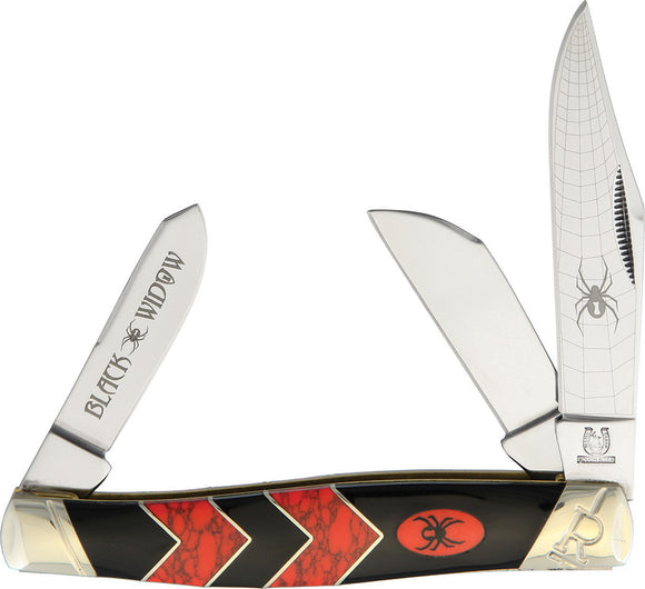 Rough Rider Red & Black Widow Handle Stockman Stainless Folding Blade Knife 1671