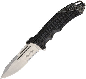 Rough Rider Linerlock A/O Folding Part Serrated Blade Black Handle Knife 1712