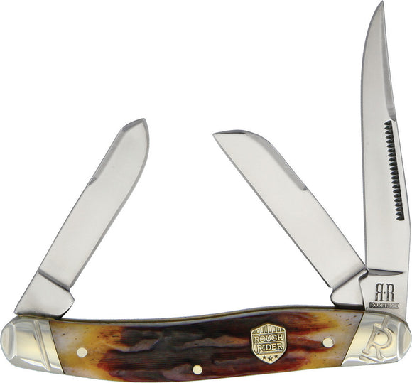 Rough Rider Stockman Brown Stag Bone Handle Stainless Folding Blade Knife 1794