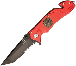 Rough Rider Firefighter Linerlock Red Handle Black Folding Blade Knife 1812