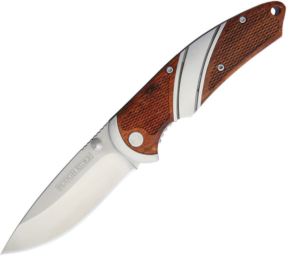 Rough Rider Linerlock Checkered Wood & Stainless Drop Pt Folding Knife 1815