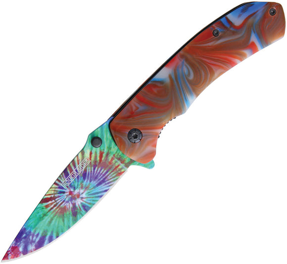 Rough Rider Tie Dye Assisted Open A/O Red & Blue Swirl Folding Pocket Knife 1909