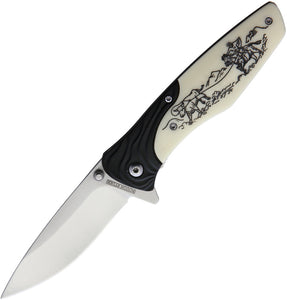 Rough Ryder Cowboy Scrimshaw Linerlock Black Aluminum/Bone Folding Knife 2100