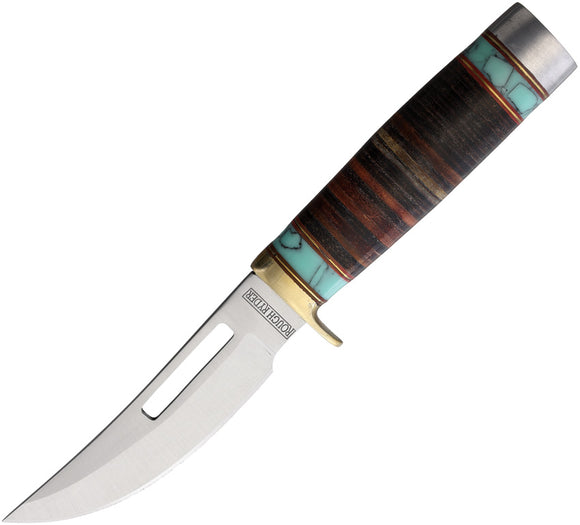 Rough Ryder Skinner Fixed Blade Knife Brown/Blue Stacked Leather Stainless 2390