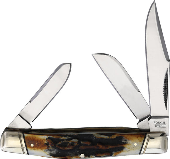 Rough Ryder Stockman Cinnamon Pocket Knife Stag Bone Folding Carbon Steel 2421