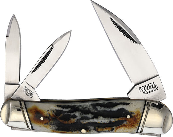 Rough Ryder Swayback Cinnamon Pocket Knife Stag Bone Folding Carbon Steel 2423