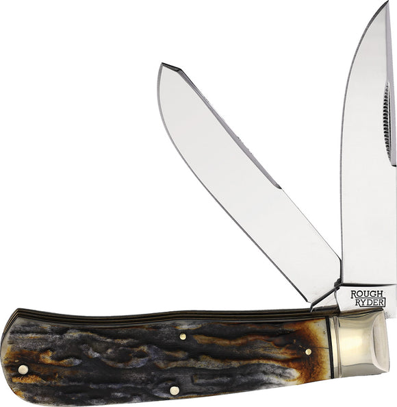 Rough Ryder Jumbo Trapper Cinnamon Stag Folding Carbon Steel Knife 2431