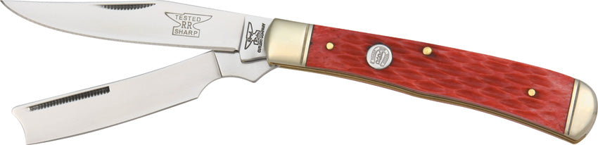 Rough Rider Red Jigged Bone Handle Stainless Folding Razor Trapper Kni ...