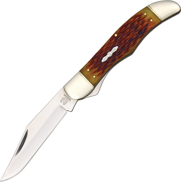 Rough Rider Linerlock Stainless Folding Blade Amber Bone Handle Hunter Knife 854