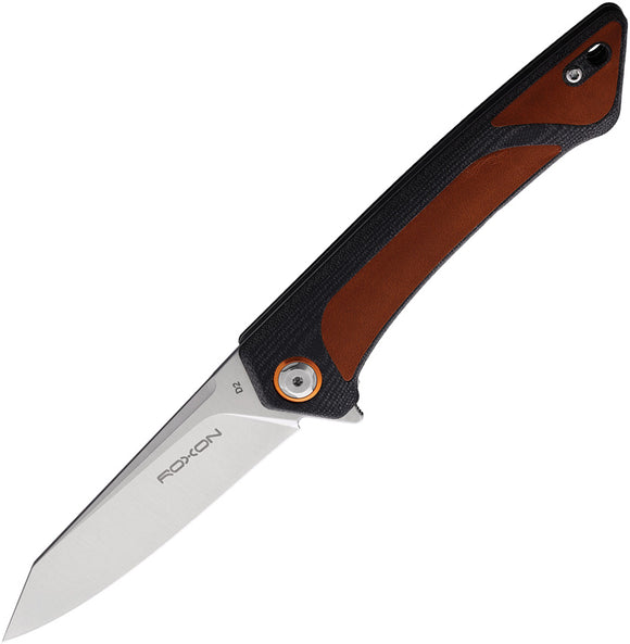 ROXON K2 Linerlock Black Micarta & Brown Leather Folding D2 Pocket Knife K2D2BRN