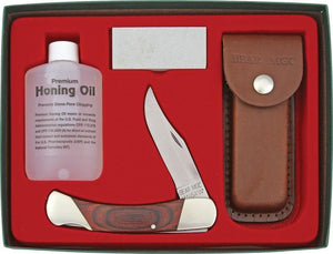 Bear & Son 5pc Folding Hunter Knife Sheath Oil & Sharpening Stone Gift Set