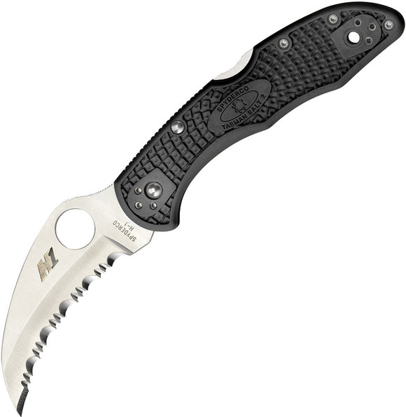 Spyderco Tasman Salt 2 Lockback Folding Serrated Blade Black Handle Knife 106SBK2