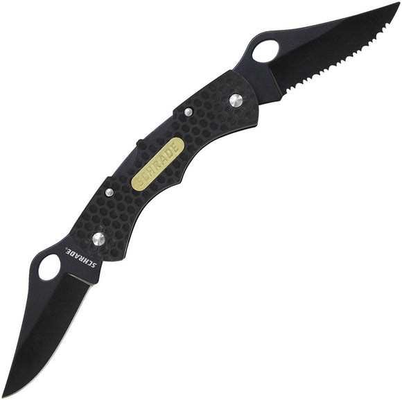 Schrade Double Lockback Clip Plain Serrated Black Folding Knife 005DLB