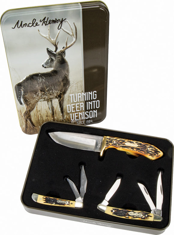 Schrade Uncle Henry Two Knife, Pen & Keychain Gift Tin Set - Red