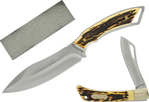 Schrade Uncle Henry 8" Staglon Fixed Blade & Folding Pocket Knife Gift Set + Stone