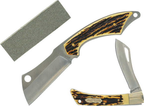 Schrade Staglon Wharncliffe Fixed Blade & Folding Pocket Knife Gift Set + Stone