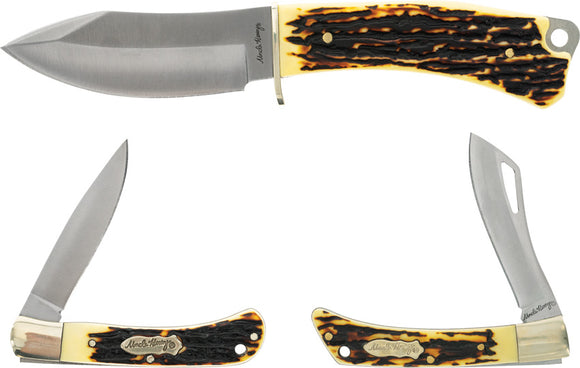 Schrade Uncle Henry 4 pc Shot Glass Fixed Blade & Folding Pocket Knife Gift Set + Sheath 1157962