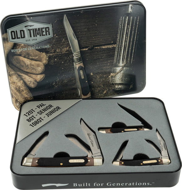 Schrade Old Timer Brown Delrin Senior Junior & Pal Folding Pocket Knife Gift Tin Set 1158655