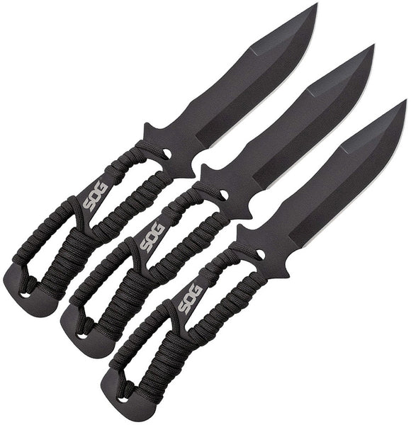SOG Three Piece Black Fixed Blade Paracord Handle Throwing Knives Set F041TNCP