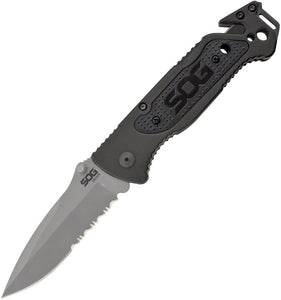 SOG Escape Folding Serrated Bead Blast Clip Pt Blade Black Handle Knife FF24CP