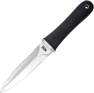 SOG Pentagon Double Edge AUS-8 Part Serrated Fixed Blade Black Handle Knife S14N