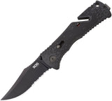 SOG Trident A/O TiNi Clip Folding Part Serrated Blade Black Handle Knife TF1BX
