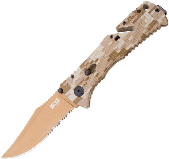 SOG Trident Piston Lock A/O Tan AUS-8 Clip Pt Folding Desert Camo Knife TF5CP