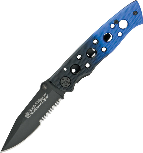 Smith & Wesson ExtremeOps Linerlock Black & Blue Folding Serrated Knife 111S