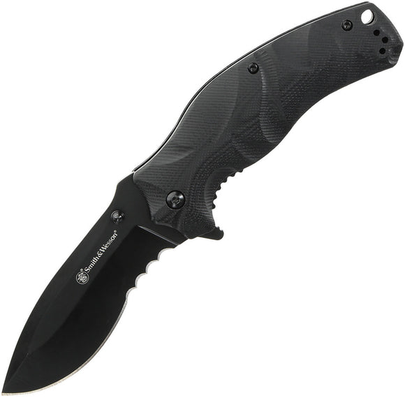 Smith & Wesson Black Ops Linerlock A/O Black G10 Serrated Stainless Folding Pocket Knife 1147098