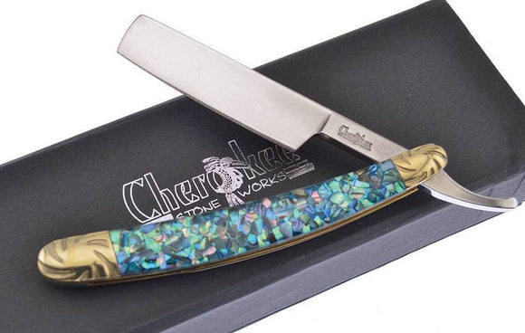 Frost Cutlery Crushed Green Abalone Handle Folding Straight Blade Razor