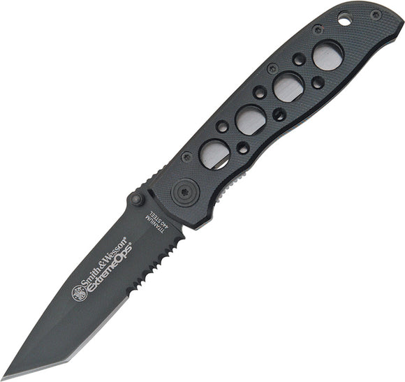 Smith & Wesson ExtremeOps Linerlock Black Aluminum Folding Serrated Knife 5TBS
