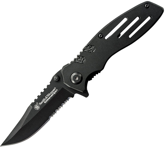 Smith & Wesson Extreme Ops Linerlock Black Aluminum Folding Serrated Knife 24SCP