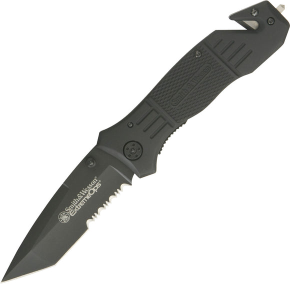 Smith & Wesson ExtremeOps Linerlock Black Aluminum Folding Serrated Knife FR2S