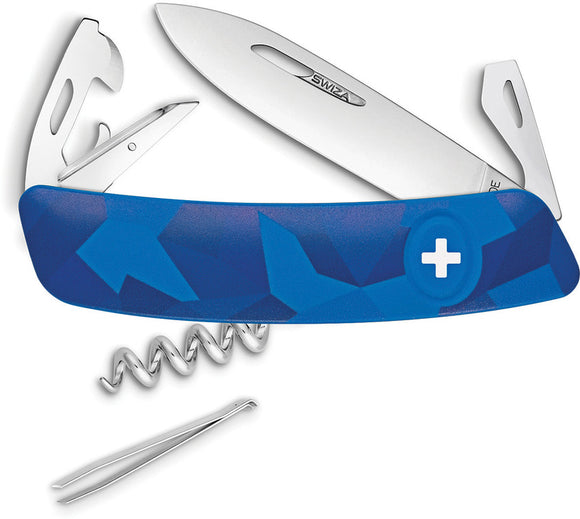 Swiza C03 Button Lock Knife Corkscrew Tweezers Blue Camo Multi-Tool 302030
