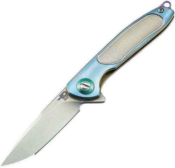 Bestech Gray & Blue Titanium Handle Framelock Folding Satin Blade Knife