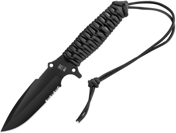 TB Outdoor Survival Black Wrapped Partially Serrated MOX Fixed Blade Knife 001