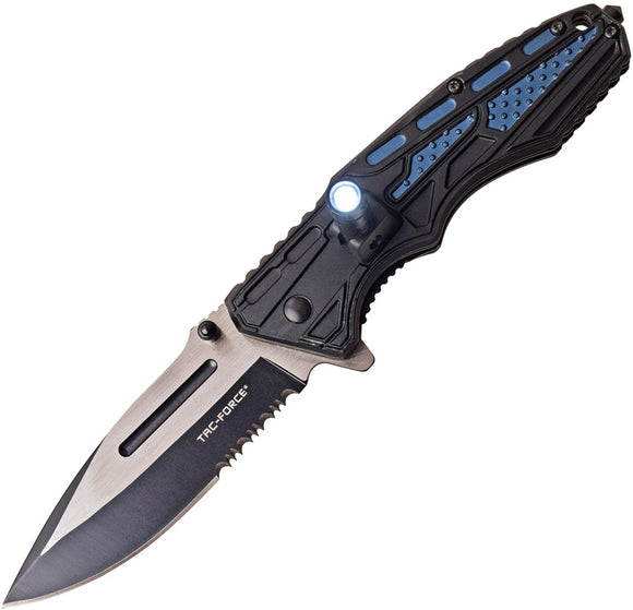 Tac Force Linerlock A/O Black & Blue Handle Folding Knife w/ LED Light 1000BL