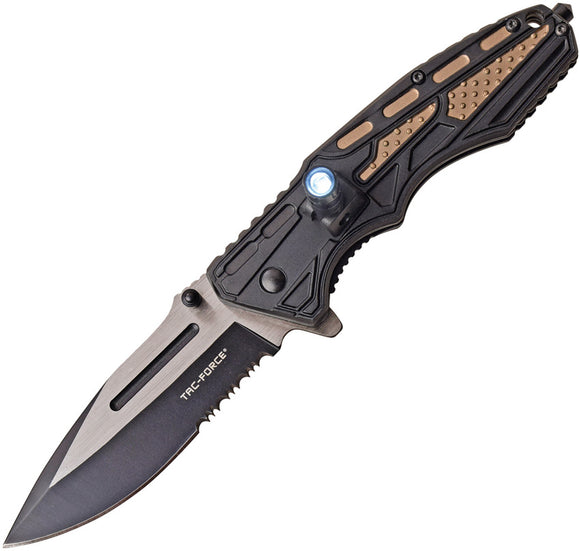 Tac Force Linerlock A/O Black & Tan Handle Glass Breaker Folding Knife 1000TN