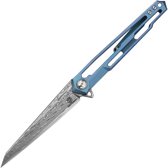 Defcon Peregrine Framelock Blue Titanium Damascus Folding Knife 43941