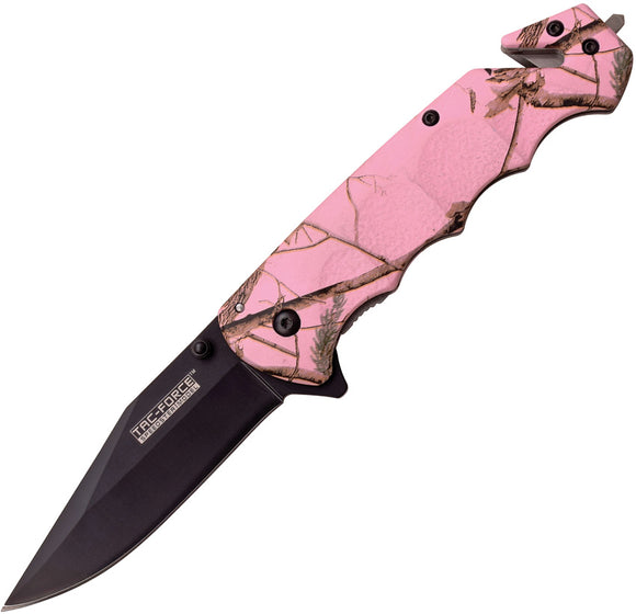 Tac Force Rescue Linerlock A/O Pink Forest Camo Handle Black Folding Knife 499PC