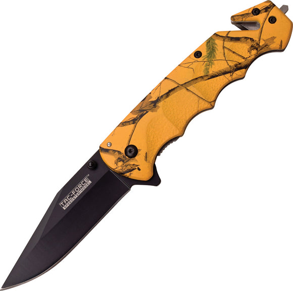Tac Force Rescue Linerlock A/O Yellow Forest Camo Handle Blk Folding Knife 499YC