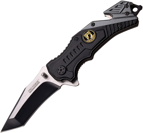 Tac Force Rescue Linerlock A/O POW Black & Gray Belt Cutter Folding Knife 640POW