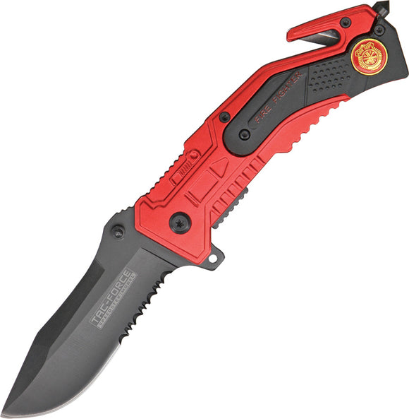 Tac Force Rescue Linerlock A/O Fire Fighter Dept Red Handle Folding Knife 688FD