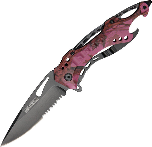 Tac Force Linerlock A/O Pink Camo Aluminum Handle Serrated Folding Knife 705PC