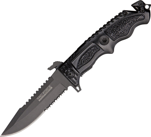 Tac Force Rescue Linerlock A/O Black Handle Sawback Belt Cut Folding Knife 711BK