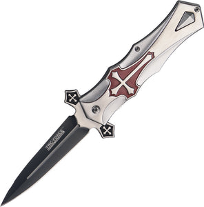 Tac Force Celtic Cross Linerlock Silver & Black Red Stilleto Folding Knife 817RD