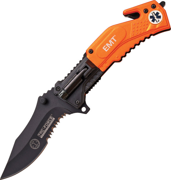 Tac Force Rescue Linerlock A/O EMT Orange Aluminum Handle Folding Knife 874EM
