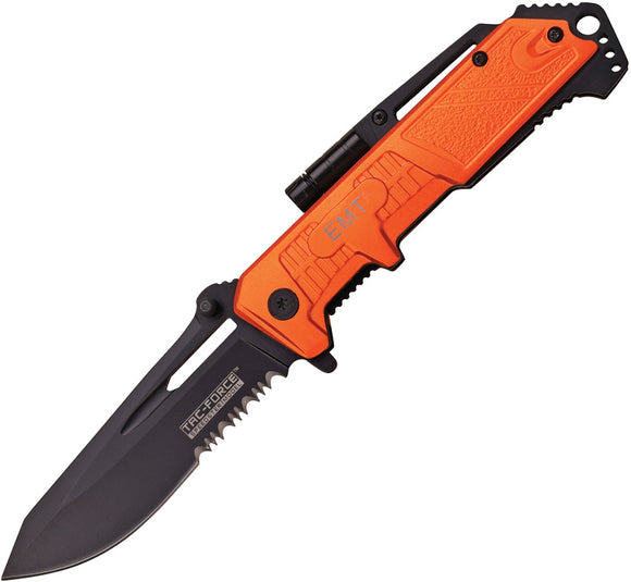 Tac Force Linerlock A/O EMT Orange Aluminum Handle Serrated Folding Knife 875OR