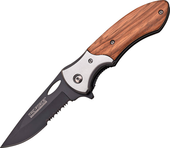 Tac Force Linerlock A/O Brown Pakkawood Handle Black Serrated Folding Knife 876