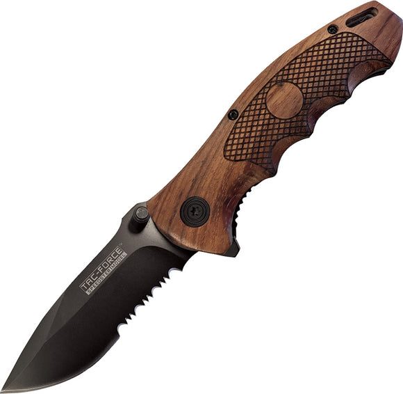 Tac Force Brown Wood Handle A/O Linerlock Black Part Serrated Folding Knife 878